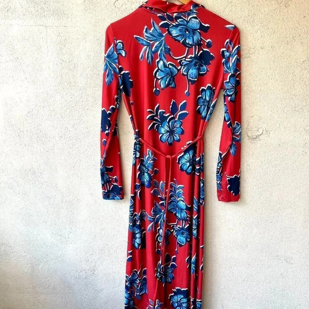 NWT Zara Midi Shirt Dress Red Blue Floral Long Sleeve Size Small - Picture 10 of 10